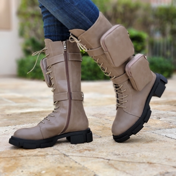 Women's Taupe Lace up High Combat Boots Lug Sole - Picture 1 of 4